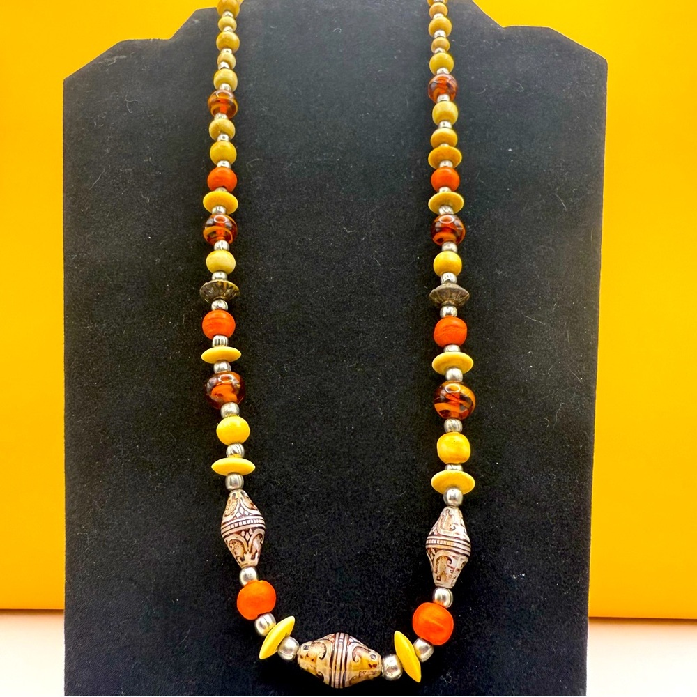 Vtg Tribal Bead Necklace Resin Glass Silver Tone 24in